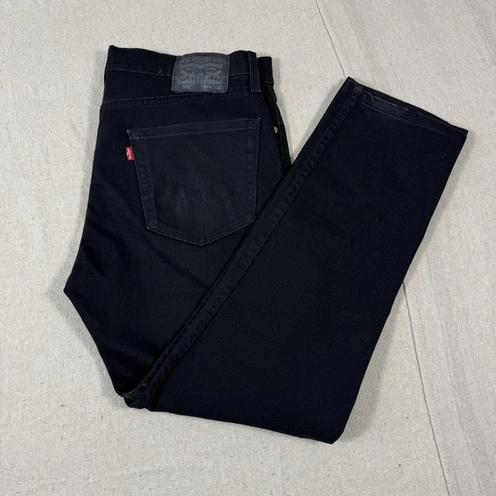 Levis 502 Regular Fit Tapered Leg Jeans Mens 34x30 Black Denim Cotton Blend‎ Zip